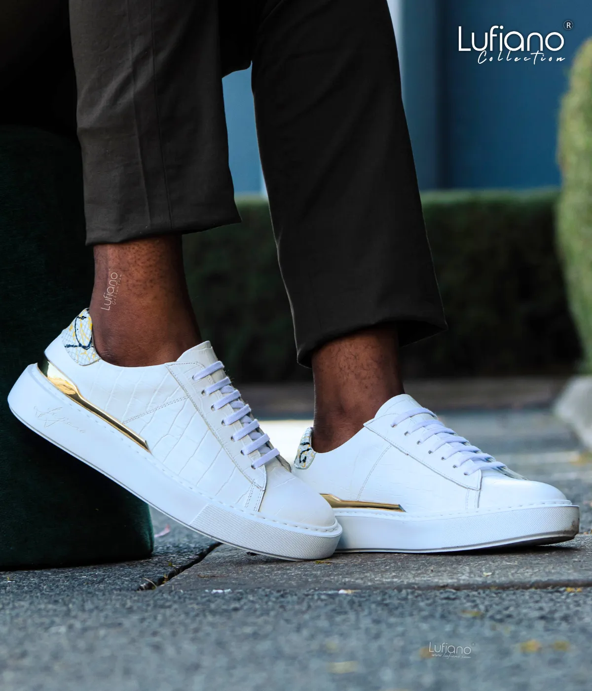 Lufiano Lace-Up Sneakers in White and Gold