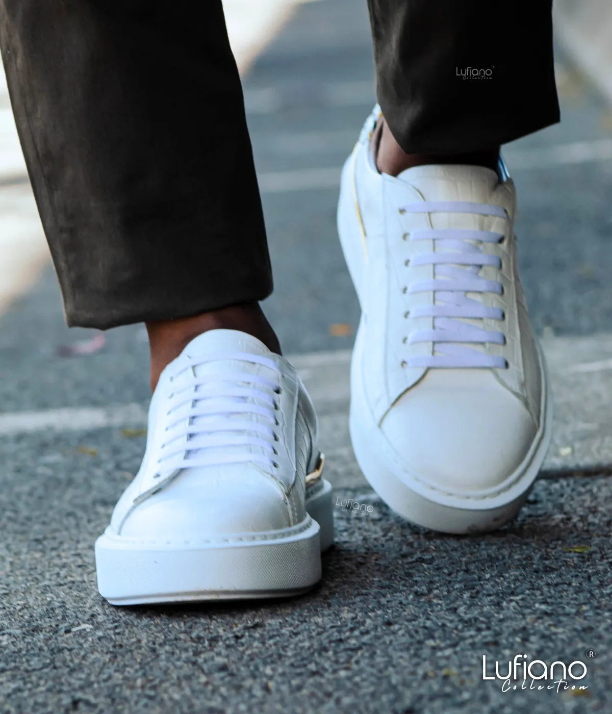 Lufiano Lace-Up Sneakers in White and Gold