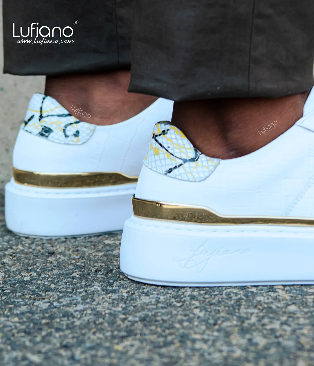 Lufiano Lace-Up Sneakers in White and Gold