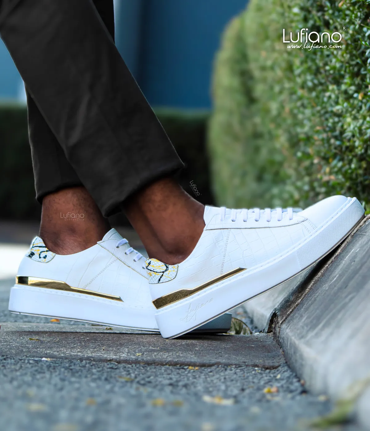 Lufiano Lace-Up Sneakers in White and Gold