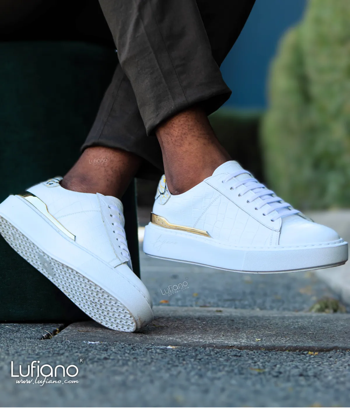 Lufiano Lace-Up Sneakers in White and Gold