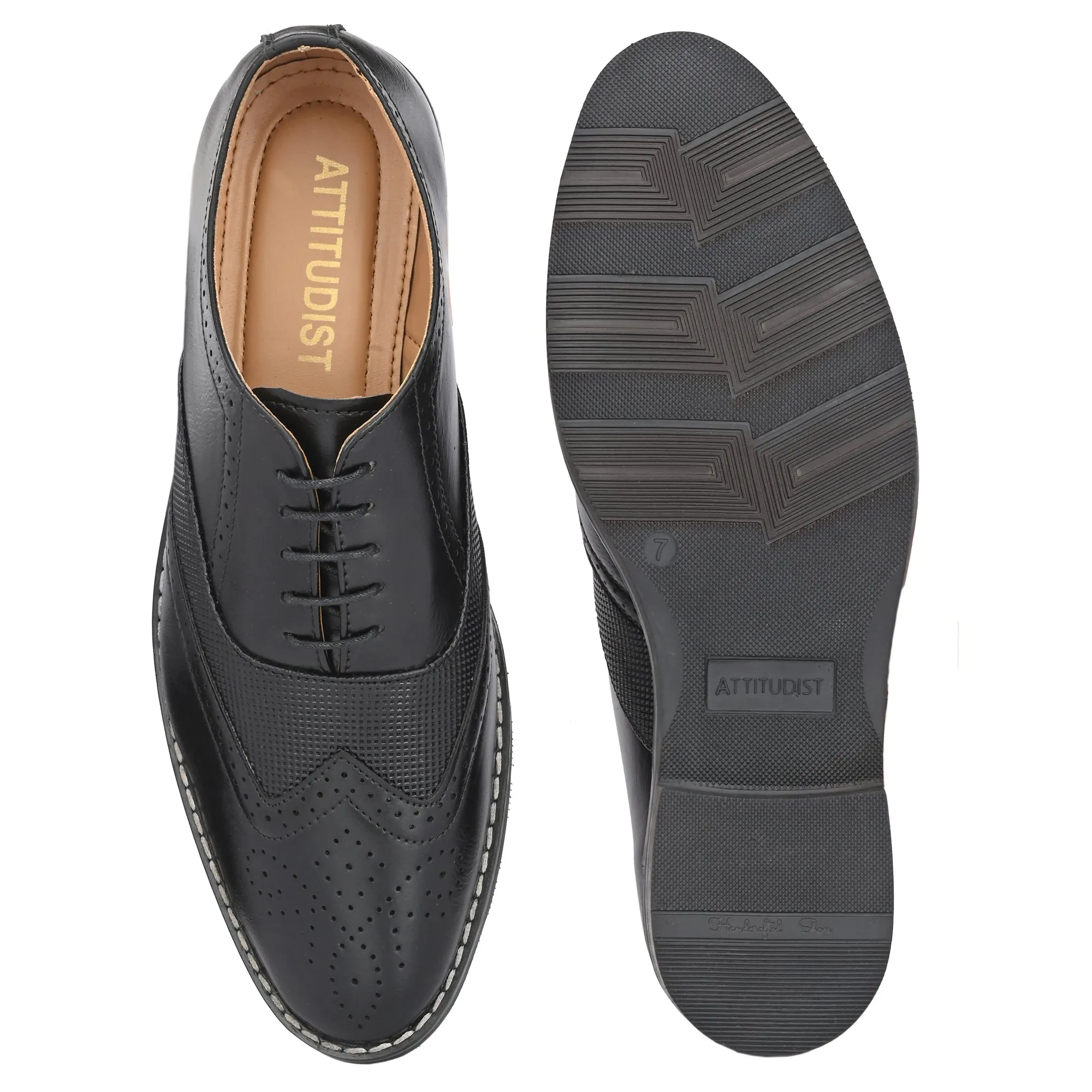 Attitudist Unisex Handcrafted Black Formal Lace-up Derby Shoes Full Brouges With Wingtips