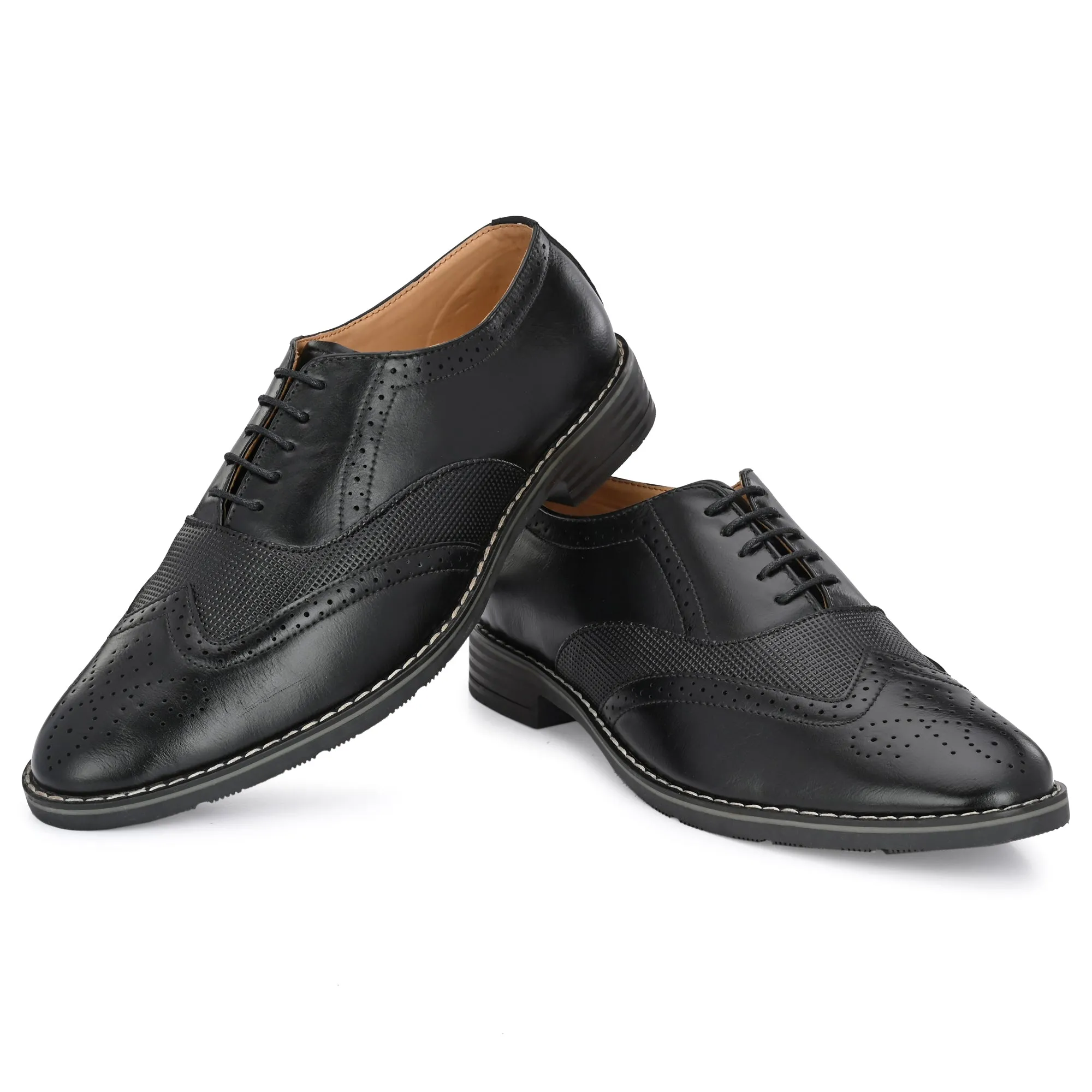 Attitudist Unisex Handcrafted Black Formal Lace-up Derby Shoes Full Brouges With Wingtips