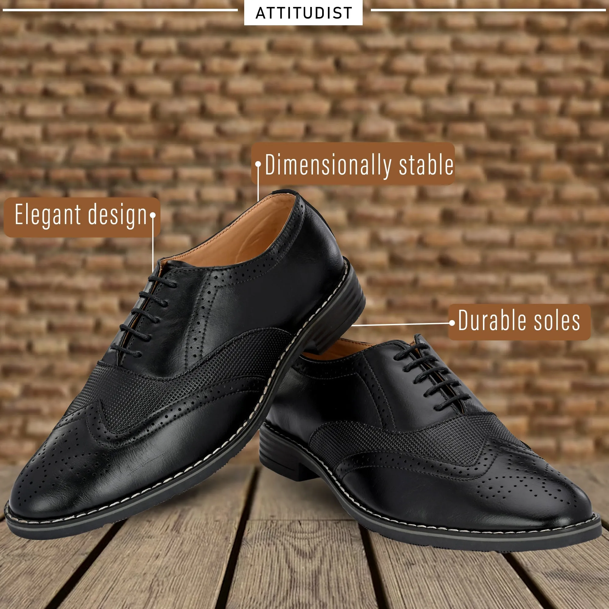 Attitudist Unisex Handcrafted Black Formal Lace-up Derby Shoes Full Brouges With Wingtips