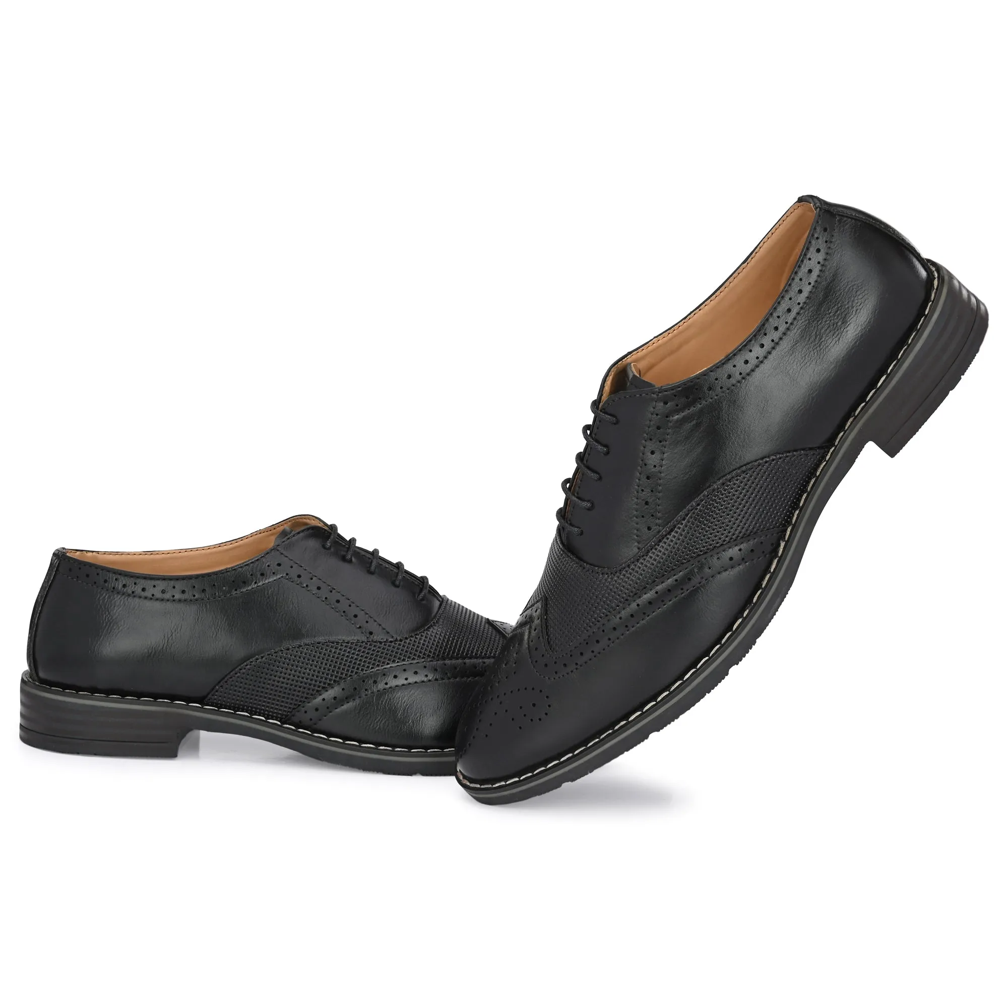 Attitudist Unisex Handcrafted Black Formal Lace-up Derby Shoes Full Brouges With Wingtips