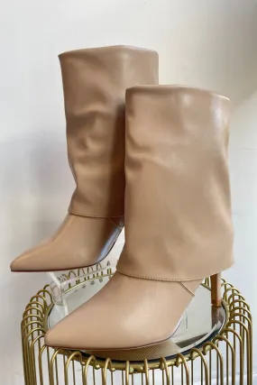 Beige Flap Over Heeled Boots