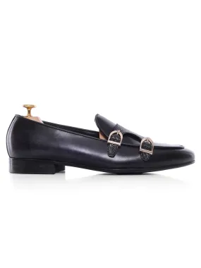 Belgian Loafer - Black Grey Snake Skin Double Monk Strap (Hand Painted Patina)