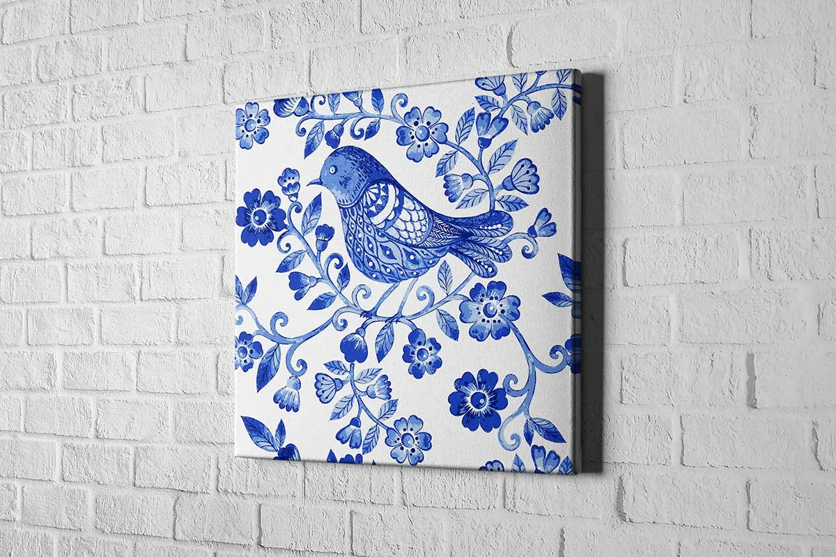 Blue White Flower Bird Pattern | Hamptons Canvas Wall Art Print