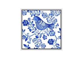 Blue White Flower Bird Pattern | Hamptons Canvas Wall Art Print