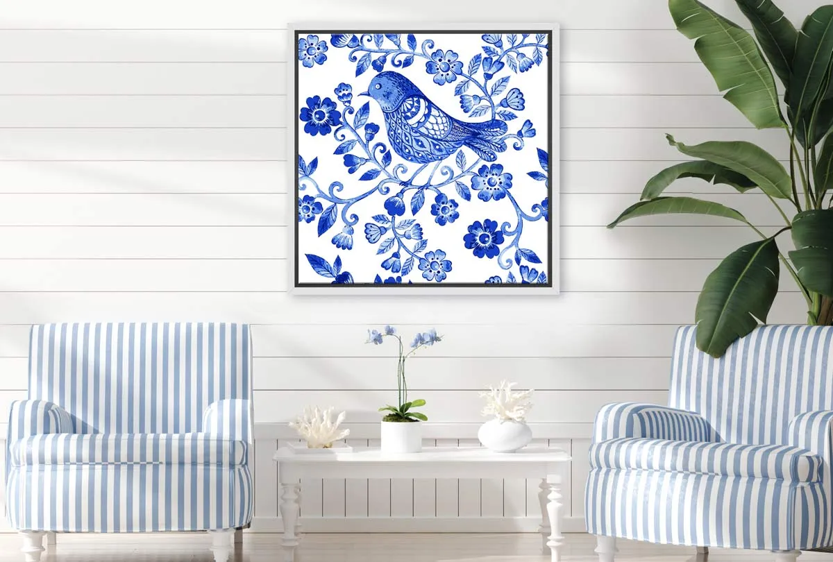 Blue White Flower Bird Pattern | Hamptons Canvas Wall Art Print