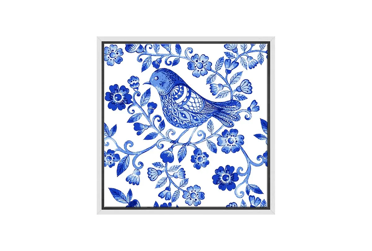 Blue White Flower Bird Pattern | Hamptons Canvas Wall Art Print