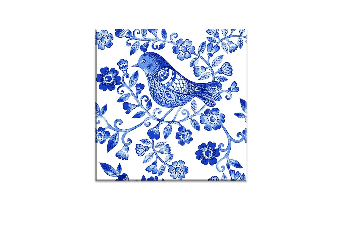 Blue White Flower Bird Pattern | Hamptons Canvas Wall Art Print