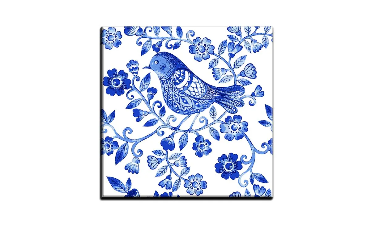 Blue White Flower Bird Pattern | Hamptons Canvas Wall Art Print