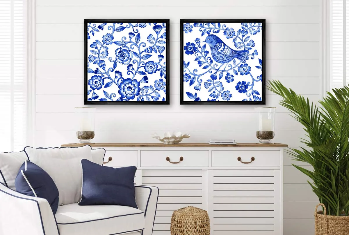 Blue White Flower Bird Pattern | Hamptons Canvas Wall Art Print