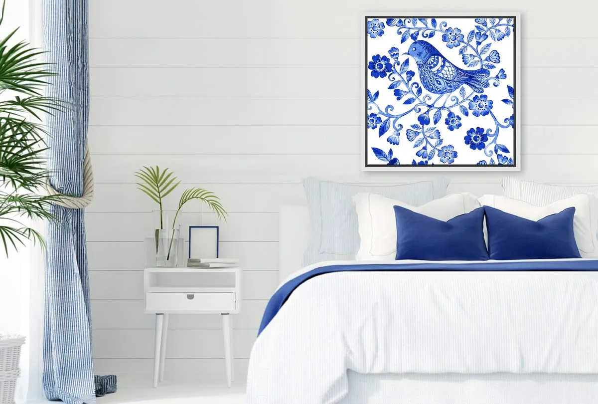 Blue White Flower Bird Pattern | Hamptons Canvas Wall Art Print