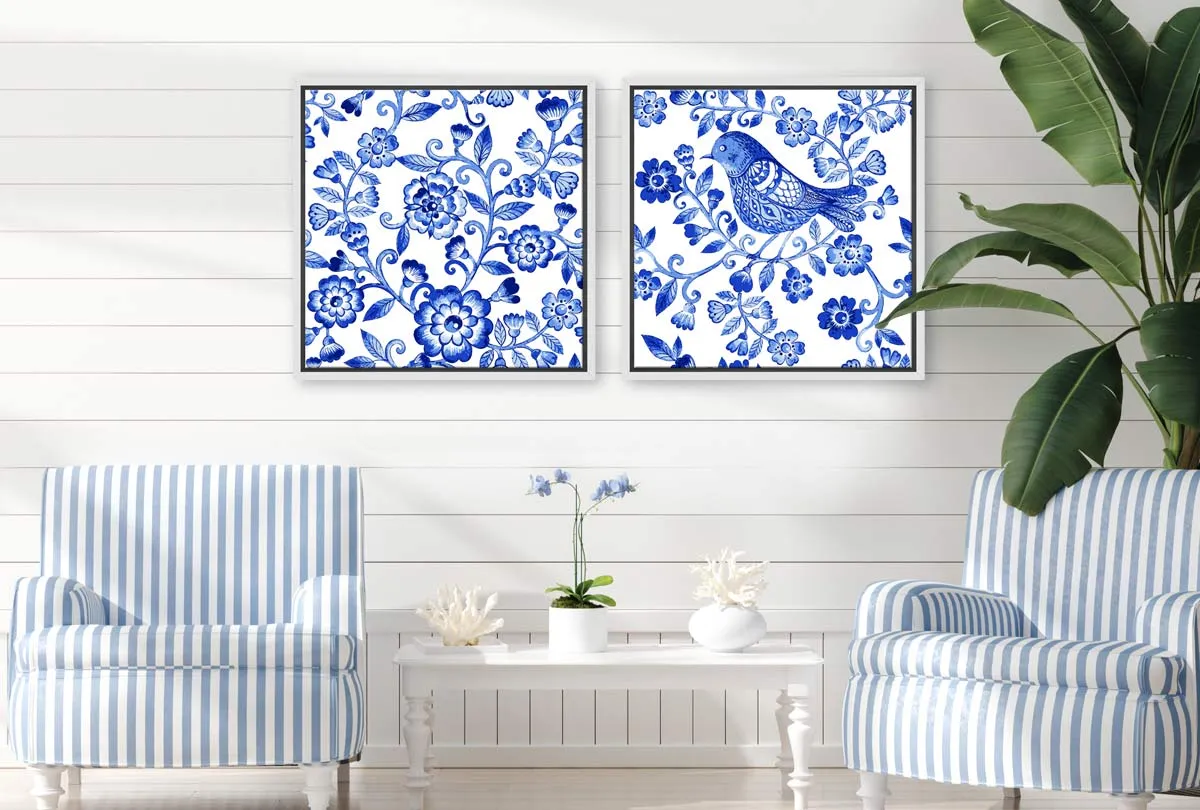 Blue White Flower Bird Pattern | Hamptons Canvas Wall Art Print