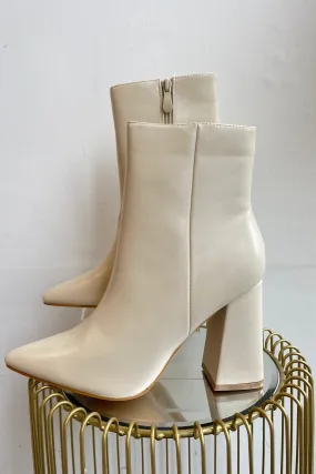 Cream PU Pointed Heeled Boots