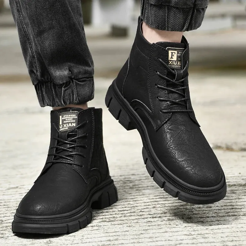 Hnzxzm Winter Men's Business Boots Thick Sole Casual Boots Men's Genuine Leather Boots Handsome Knight Boots Fashion High Top Shoes