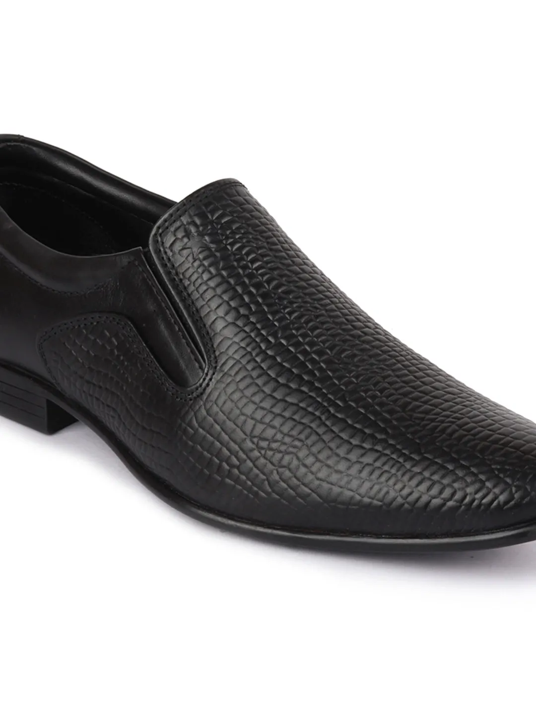 Men Black Embossed Design Formal Leather Slip On Shoes