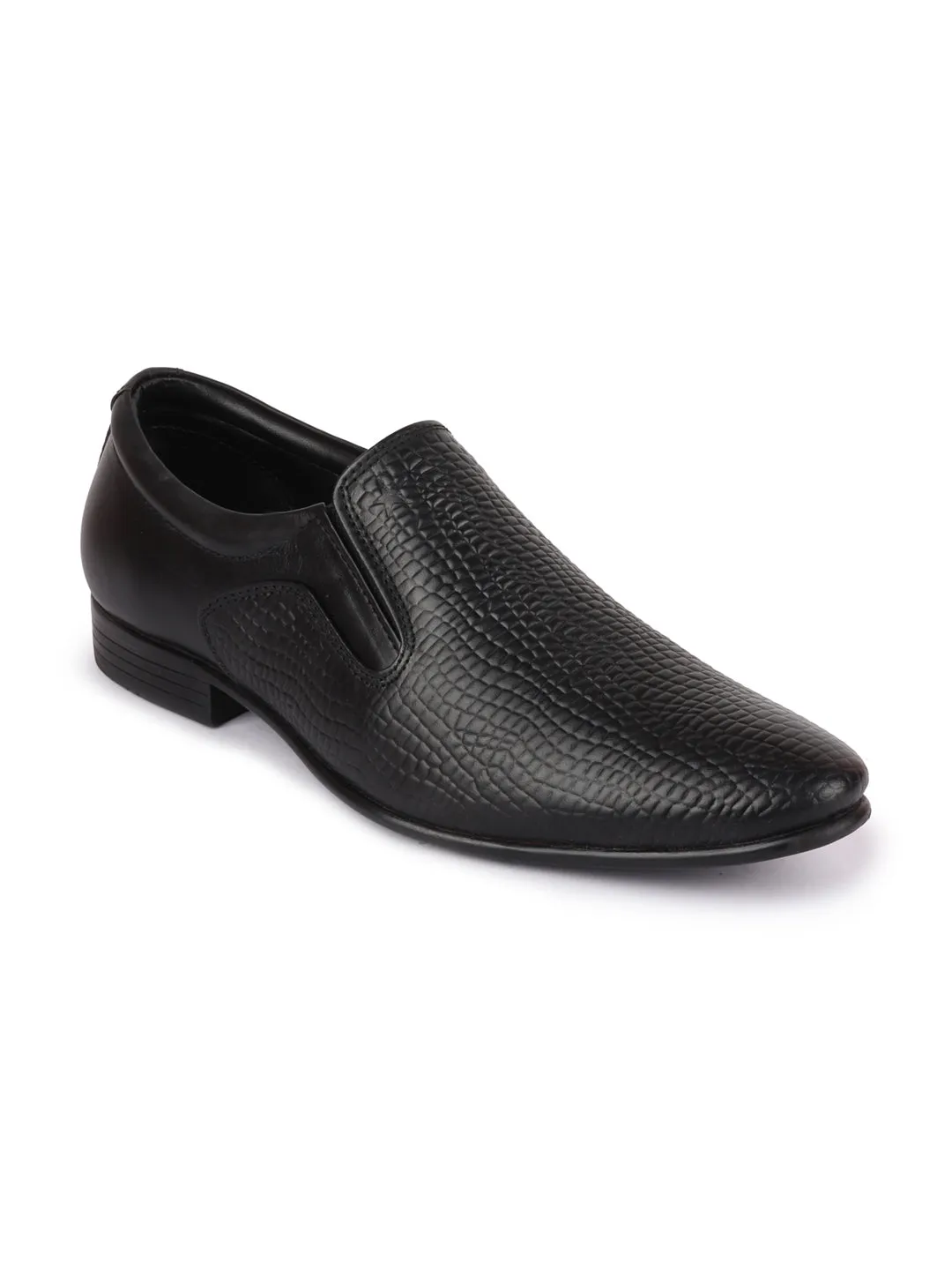 Men Black Embossed Design Formal Leather Slip On Shoes