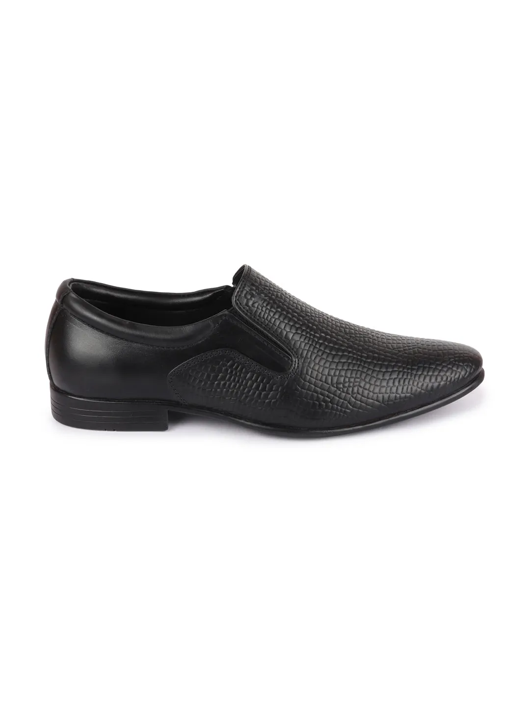 Men Black Embossed Design Formal Leather Slip On Shoes