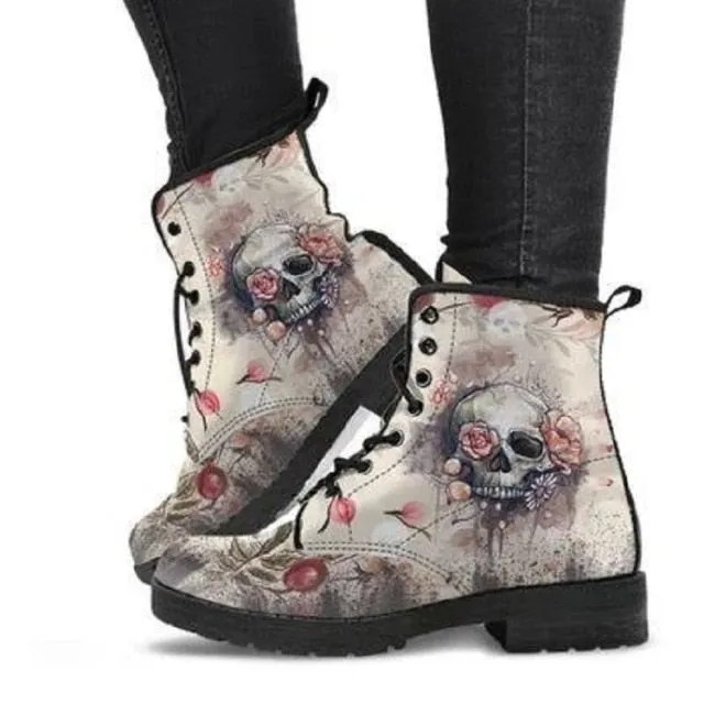 Purpdrank - Martin Boots Women's Autumn and Winter Fashion Women's Tooling Boots Skull and Flower Print High-top Boots Ladies