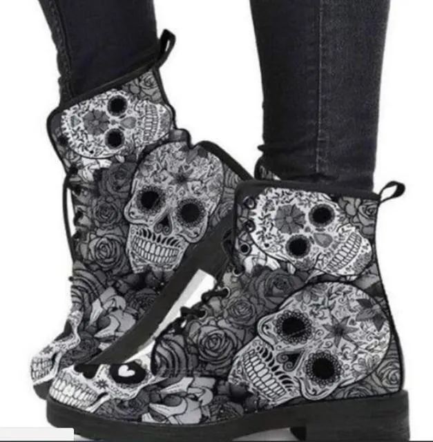 Purpdrank - Martin Boots Women's Autumn and Winter Fashion Women's Tooling Boots Skull and Flower Print High-top Boots Ladies