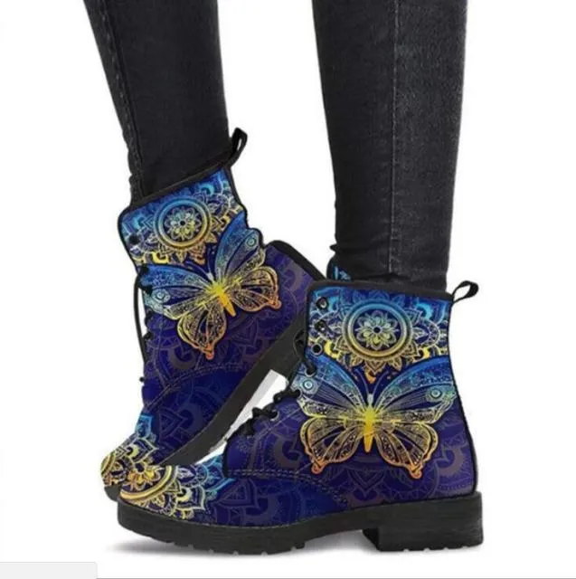 Purpdrank - Martin Boots Women's Autumn and Winter Fashion Women's Tooling Boots Skull and Flower Print High-top Boots Ladies