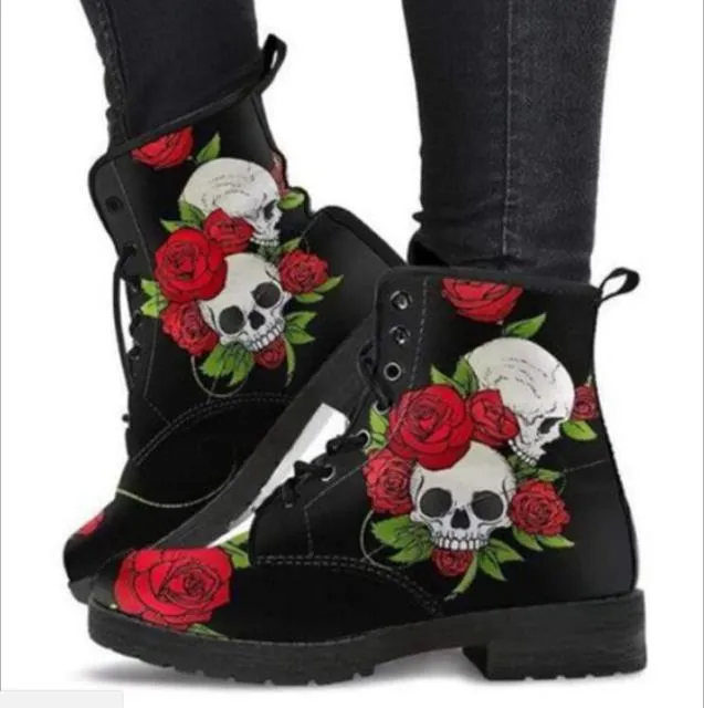 Purpdrank - Martin Boots Women's Autumn and Winter Fashion Women's Tooling Boots Skull and Flower Print High-top Boots Ladies