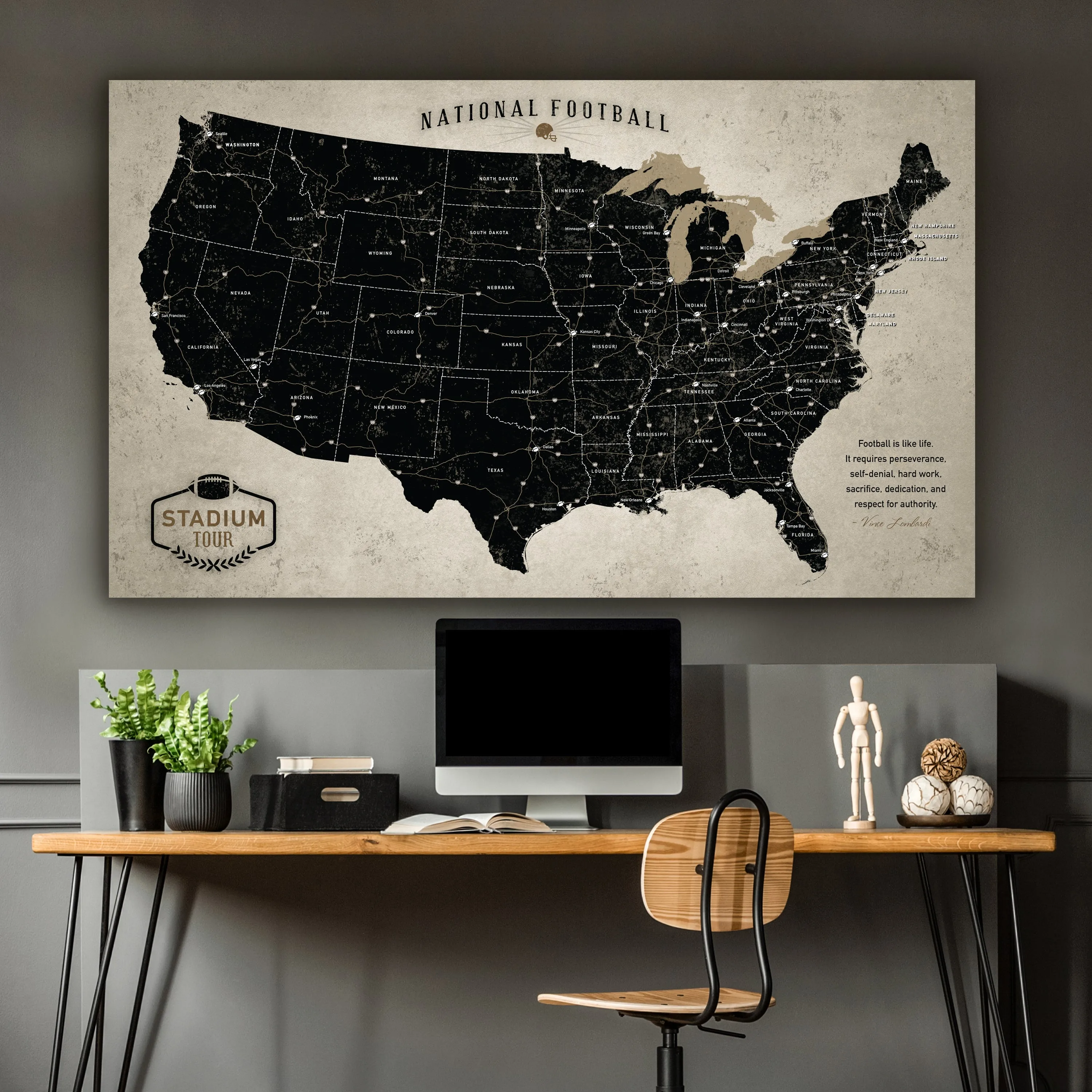 Vintage Football Stadium Tour Push Pin Map