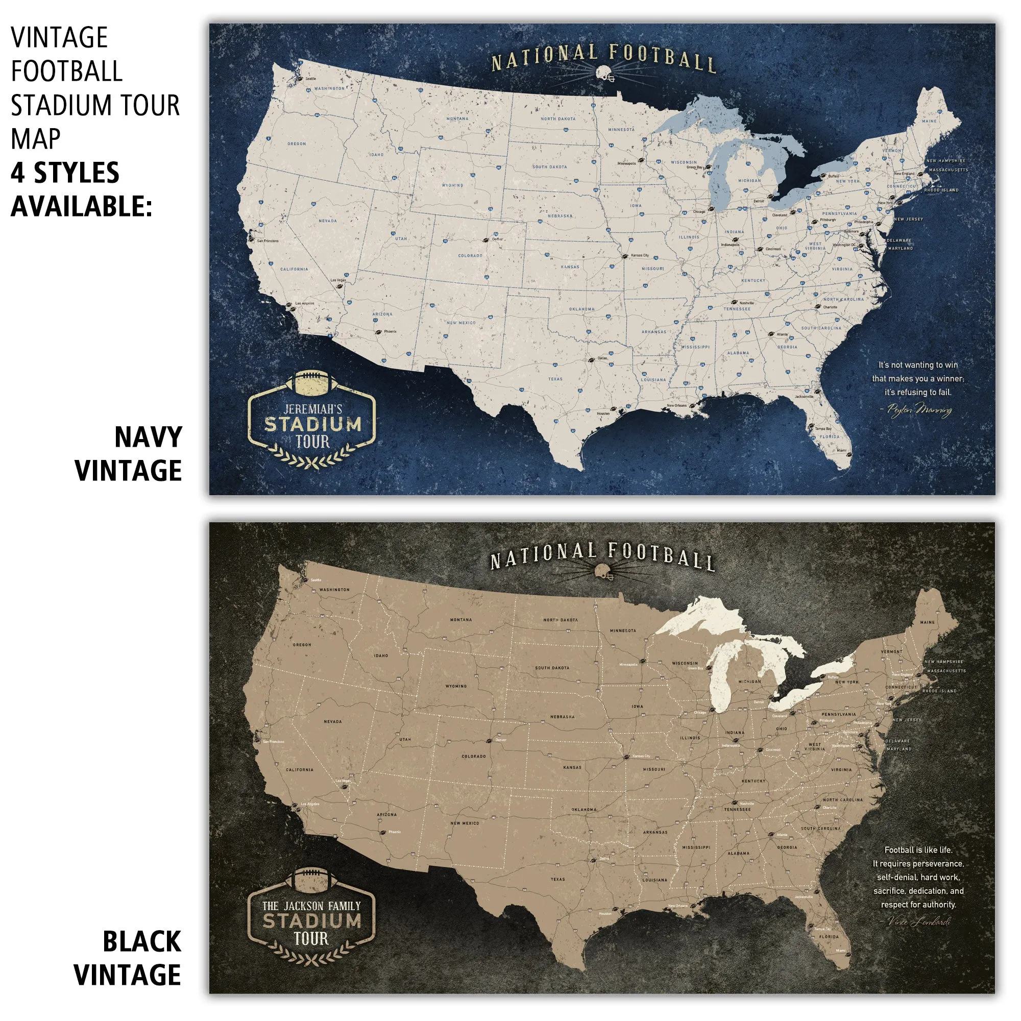 Vintage Football Stadium Tour Push Pin Map