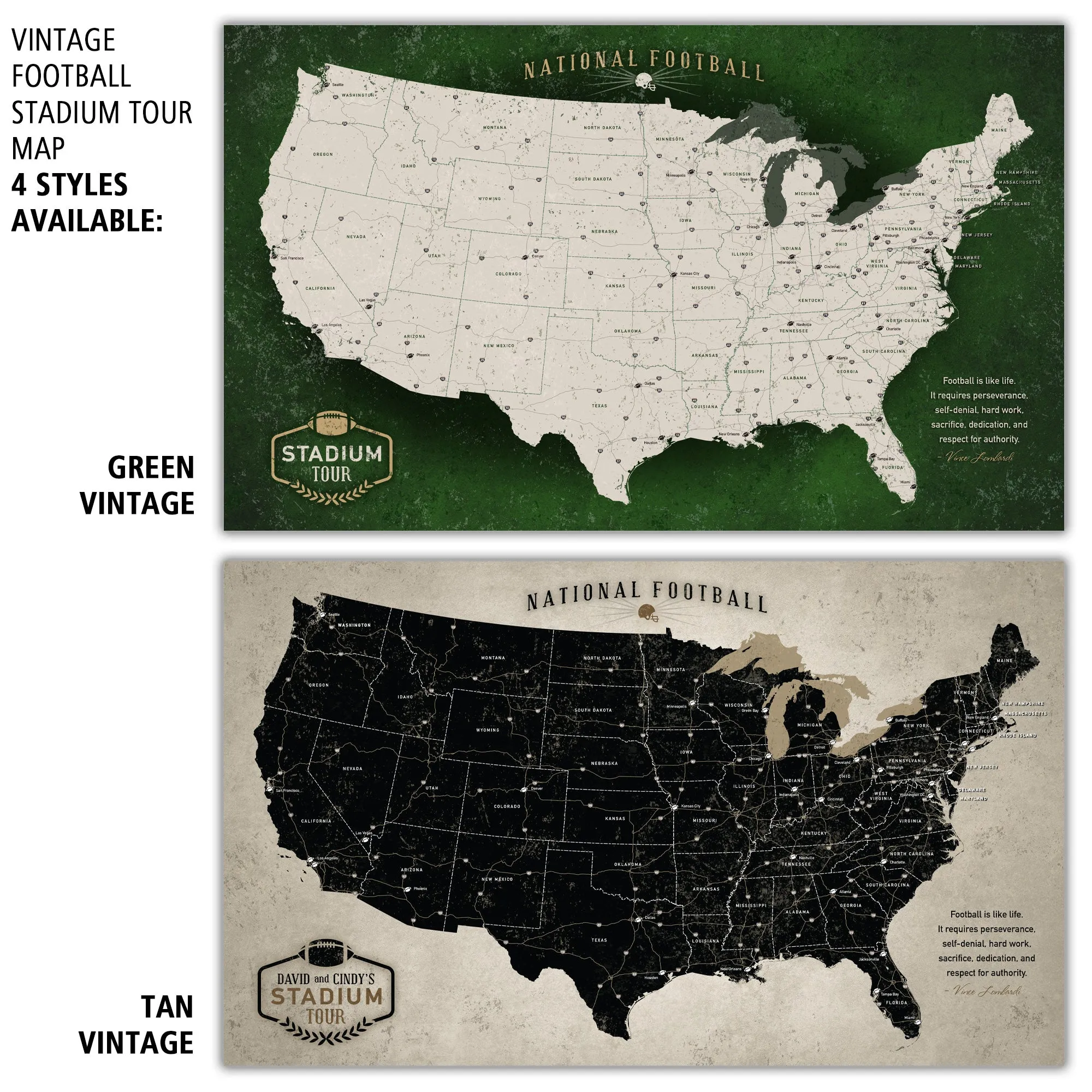 Vintage Football Stadium Tour Push Pin Map